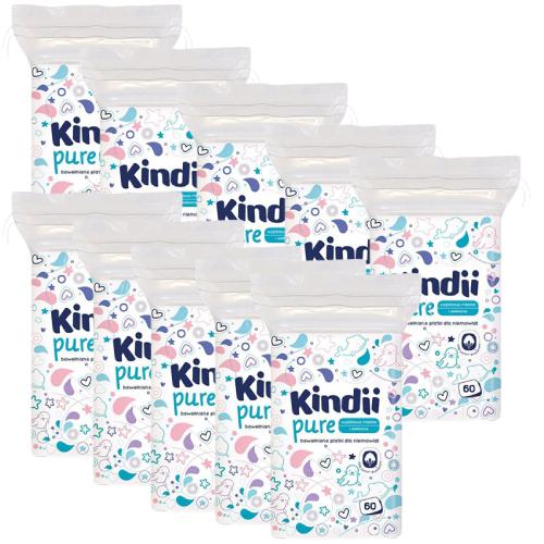 Zdjęcie produktu - Zestaw Kindii Pure Bawełniane płatki dla niemowląt, 10x 60 sztuk - miękkie i delikatne dla sk&oacute;ry dziecka