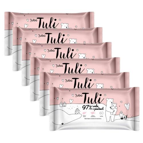 Zdjęcie produktu - Zestaw LUBA Tuli Nawilżane chusteczki dla dzieci i niemowląt 97% woda i pantenol, 6x60szt.