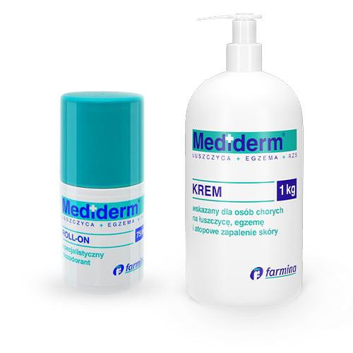 Zestaw MEDIDERM Krem na łuszczycę, egzemę i atopowe zapalenie sk&oacute;ry, 1kg + ROLL-ON Specjalistyczny dezodorant, 75ml