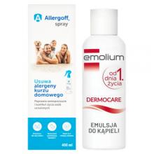 Zestaw na AZS: Allergoff neutralizator alergen&oacute;w kurzu domowego spray, 400ml + Emolium Dermocare Emulsja do kąpieli, 400 ml