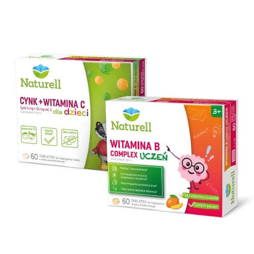 Zdjęcie produktu - Zestaw Naturell Witamina B Complex Uczeń, 60 tabl. + Naturell Cynk + Witamina C dla dzieci, 60 tabl. do żucia