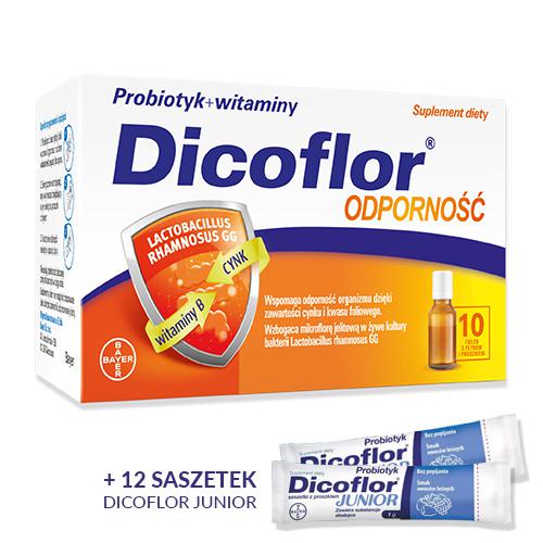 Zestaw odpornościowy Dicoflor: Dicoflor Odporność, 10 fiolek + 12 saszetek Dicoflor Junior