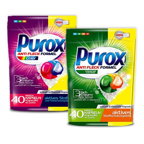 Zestaw PUROX ANTI FLECK FORMEL DuoCaps Kapsułki do prania Color i Universal, 2x40szt.