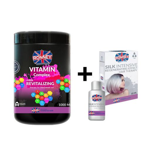 Zestaw RONNEY Maska rewitalizująca Vitamin, 1000ml + SILK INTENSIVE Olejek do włos&oacute;w z jedwabiem, 15ml