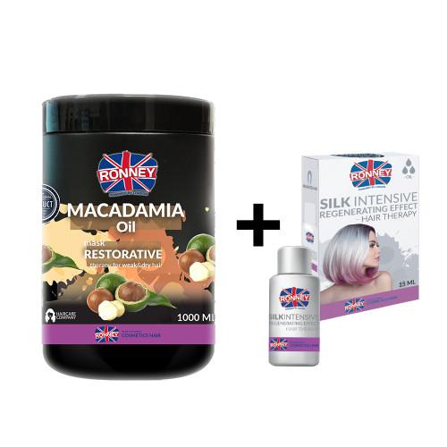 Zestaw RONNEY Maska wzmacniająca olej macadamia, 1000ml + SILK INTENSIVE Olejek do włos&oacute;w z jedwabiem, 15ml