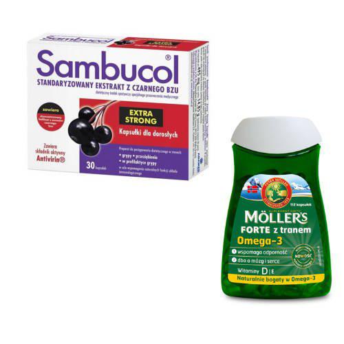 Zestaw SAMBUCOL Extra Strong, 30 kapsułek  + Mollers FORTE Tran Norweski, 112 kapsułek
