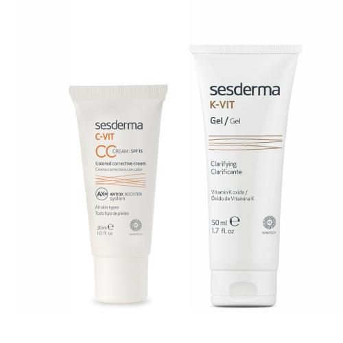Zestaw SESDERMA C-VIT Antyoksydacyjny krem korygujący CC, 30ml + K-VIT Clarificante Żel liposomowy na popękane naczynia krwionośne na twarzy i ciele, 50ml
