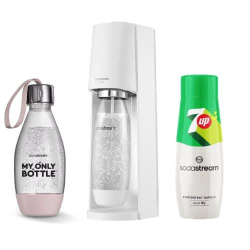 Zestaw SodaStream Saturator Terra biały + Butelka My Only r&oacute;żowa, 500 ml + Syrop 7UP, 440 ml