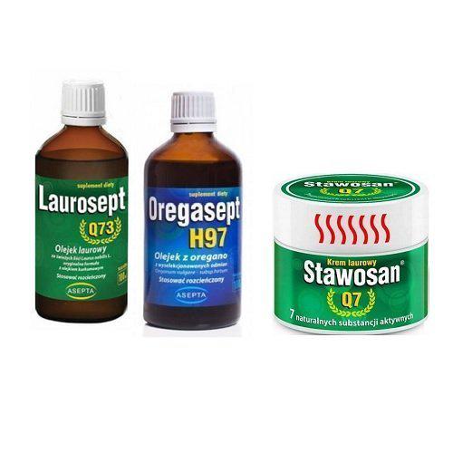Zestaw Stawosan Q7 Krem laurowy, 150g + Laurosept Q73 krople, 100ml + OREGASEPT H97 Olejek z oregano, 100ml