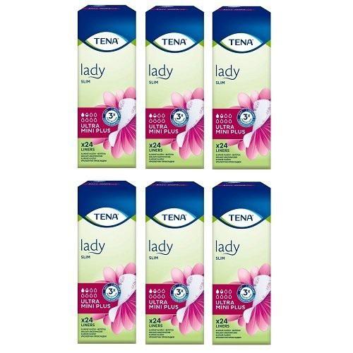 Zdjęcie produktu - Zestaw TENA Lady Slim Ultra Mini Plus Wkładki anatomiczne przy lekkim nietrzymaniu moczu, 6x 24 szt.