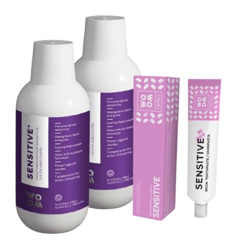 Zestaw Woom Sensitive+ Płyn do płukania jamy ustnej, 2x 500ml + Pasta do zęb&oacute;w, 75ml