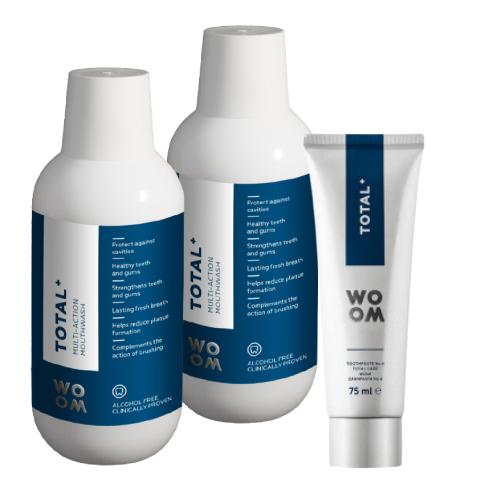 Zestaw Woom Total+ Płyn do płukania jamy ustnej, 2x500ml + Pasta do zęb&oacute;w, 75ml