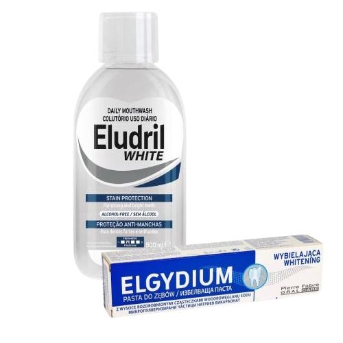 Zestaw wybielający Eludril WHITE Płyn do płukania jamy ustnej, 500 ml + ELGYDIUM Pasta do zęb&oacute;w wybielająca, 75 ml