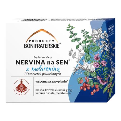 Zdjęcie produktu - Produkty Bonifraterskie Nervina na Sen z melatoniną, 30 tabl. powl. - tabletki z melatoniną