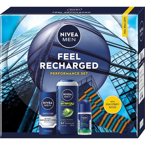 Miniaturka artykułu - Nivea Men Feel Recharged Zestaw kosmetyk&oacute;w dla mężczyzn Nawilżający krem do twarzy, 75 ml + Żel prysznic, 250 ml + Antyperspirant Roll-On, 50 ml + Skarpetki męskie, 1 para