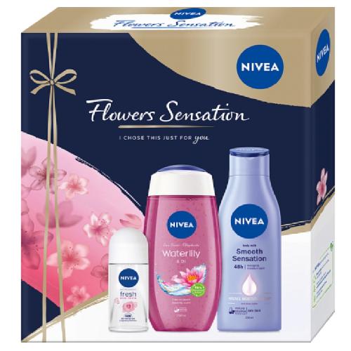 Miniaturka artykułu - NIVEA Flowers Sensation Zestaw: Wygładzające mleczko do ciała, 250ml + Waterlily & Oil Żel pod prysznic, 250ml + Antyperspirant w kulce, 50ml