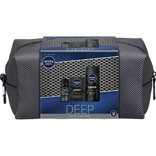 Miniaturka artykułu - NIVEA Men Deep Zestaw kosmetyk&oacute;w dla mężczyzn Woda po goleniu, 100ml + Żel pod prysznic, 250ml + Antyperspirant roll-on, 50ml + Kosmetyczka