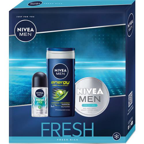 Miniaturka artykułu - NIVEA Men Fresh Kick Zestaw kosmetyk&oacute;w dla mężczyzny Antyperspirant roll-on, 50ml + Żel pod prysznic, 250ml + Krem do twarzy, 150ml