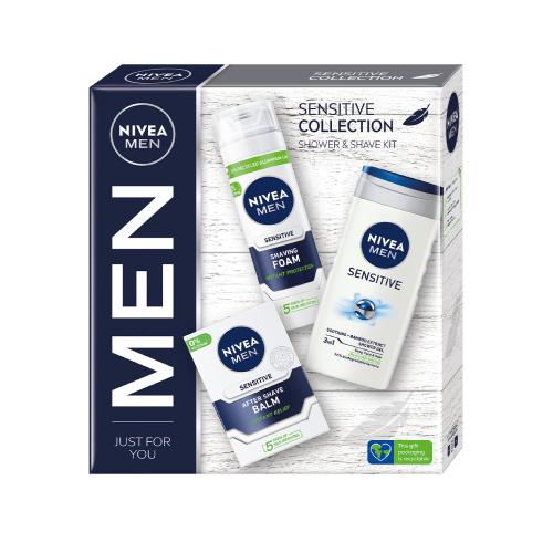 Miniaturka artykułu - NIVEA MEN Sensitive Collection  SHOWER & SHAVE KIT pianka do golenia, 200ml + balsam po goleniu, 100 ml + żel pod prysznic, 250ml