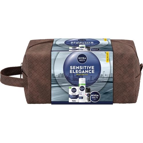 Miniaturka artykułu - Nivea Men Zestaw kosmetyk&oacute;w dla mężczyzn Sensitive Elegance Balsam po goleniu, 100 ml + Pianka do golenia, 200 ml + Antyperspirant Roll-On, 50 ml + Krem do ciała, twarzy i rąk, 75 ml + kosmetyczka