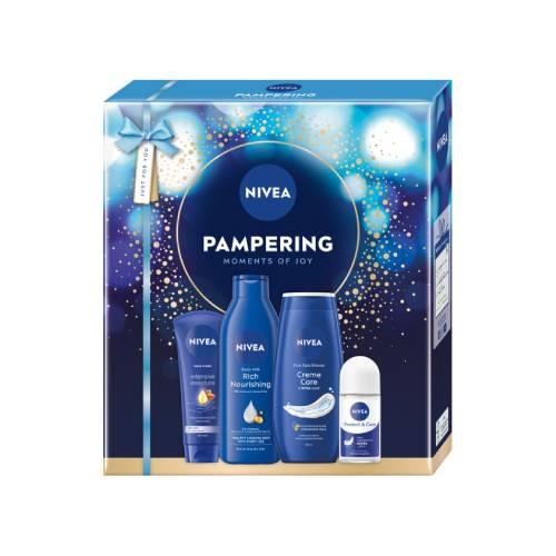 Miniaturka artykułu - Nivea Pampering Zestaw do piegnacji ciała dla kobiet Żel pod prysznic, 200 ml + Krem do rąk, 100 ml + Antyperspirant roll-on, 50 ml + Mleczko do ciała, 250 ml
