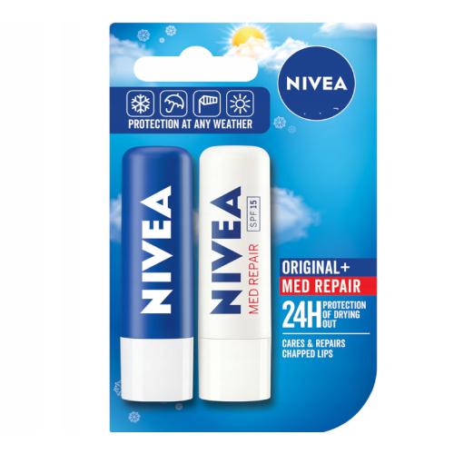 Miniaturka artykułu - NIVEA Pomadka do ust DUO Original + Med REPAIR, 2 sztuki