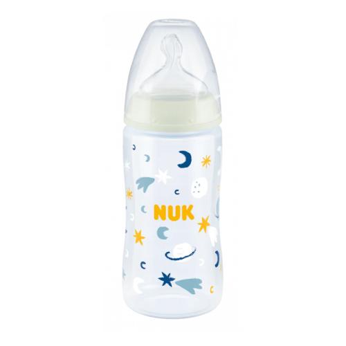 Miniaturka artykułu - NUK FC+NIGHT Butelka ze wskaźnikiem temperatury smoczek silikonowy 6-18m, M Księżyc/Gwiazdki, 300ml