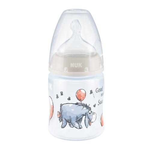 Miniaturka artykułu - NUK First Choice+  Butelka ze wskaźnikiem temperatury ze smoczkiem silikonowym 0-6m M szara OSIOŁEK, 150ml	