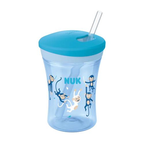 Miniaturka artykułu - NUK Kubek niekapek Evolution Action Cup z silikonową słomką niebieski/małpki, 230ml