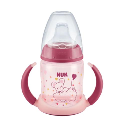 Miniaturka artykułu - NUK Night Butelka z uchwytami 6-18m ustnik silikonowy r&oacute;żowa, 150ml