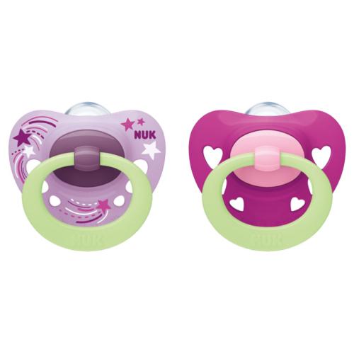 Miniaturka artykułu - NUK Signature Night Smoczek silikonowy uspokajający 18-36m girl, 2 sztuki