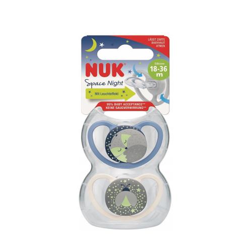 Miniaturka artykułu - NUK SPACE NIGHT Smoczek uspokajający 18-36 mies. niebieski/biały, 2szt.	
