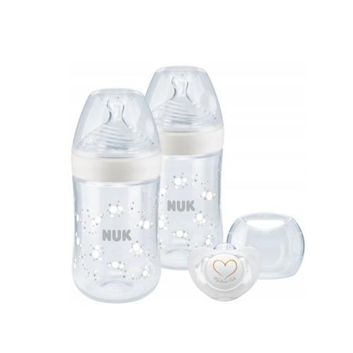 Miniaturka artykułu - NUK Twin Set Biały Zestaw 2 butelki 260ml + smoczek uspakajający GENIUS 0-6m + pudełko na smoczek 