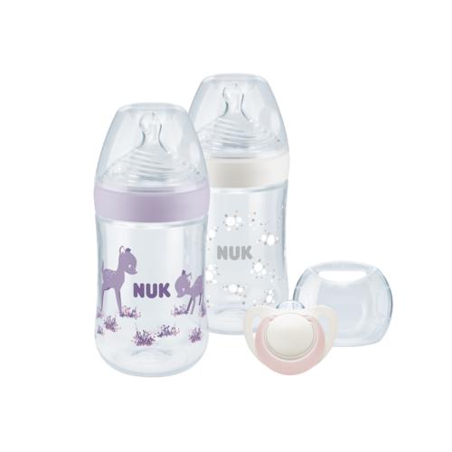 Miniaturka artykułu - NUK Twin Set R&oacute;żowy Zestaw 2 butelki, 260ml + smoczek uspakajający GENIUS 0-6m + pudełko na smoczek