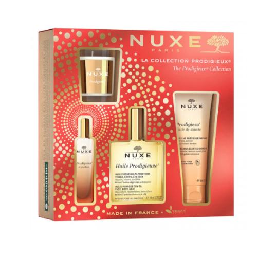 Miniaturka artykułu - NUXE Prodigieuse Zestaw: Suchy olejek, 100ml + Woda perfumowana, 15ml + Olejek pod prysznic, 100ml + Świeczka zapachowa, 70g