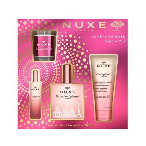 Miniaturka artykułu - NUXE Zestaw Prodigieux Floral Kultowy (Suchy olejek Florale, 100ml + Żel pod prysznic, 100ml + Woda perfumowana, 15ml + Świeca zapachowa, 70g)
