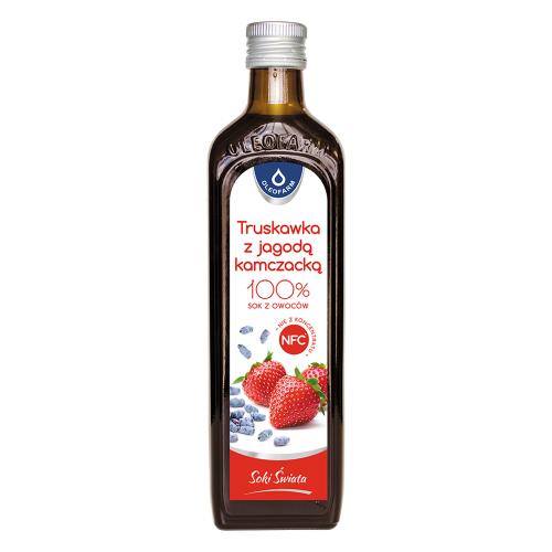 Miniaturka artykułu - OLEOFARM Truskawka z jagodą kamczacką 100% sok z owoc&oacute;w NFC, 490ml