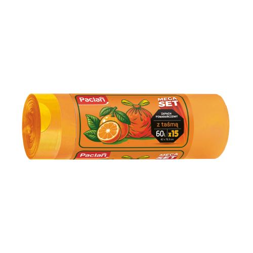 Miniaturka artykułu - Paclan Worki na śmieci z taśmą zapachowe pomarańczowe 60l, 15 szt.