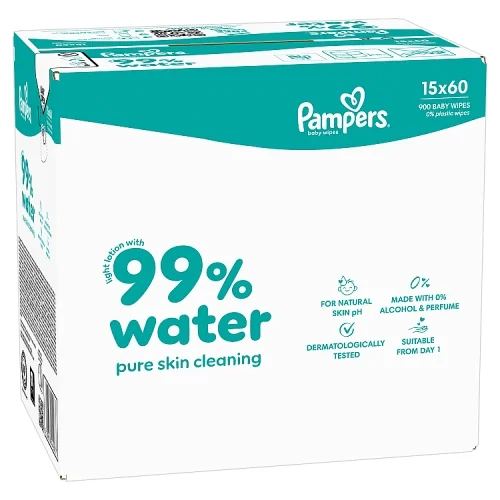Miniaturka artykułu - Pampers Aqua 99% Water Chusteczki nawilżane dla dzieci, 15 x 60 szt.
