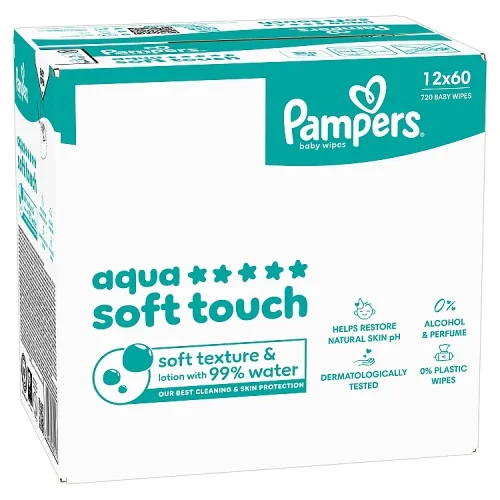 Miniaturka artykułu - Pampers Aqua Soft Touch Chusteczki nawilżane dla dzieci, 12 x 60 szt.