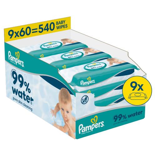 Miniaturka artykułu - Pampers 99% Water Chusteczki nawilżane, 9 x 60 szt.