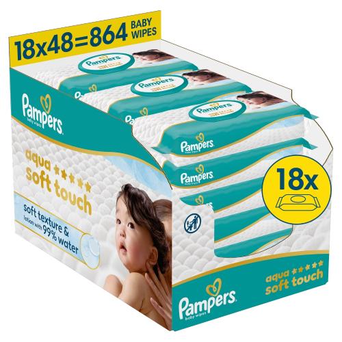Miniaturka artykułu - Pampers Aqua Soft Touch Chusteczki nawilżane, 18 x 48 szt.