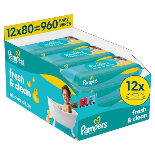 Miniaturka artykułu - Pampers Fresh Clean Chusteczki nawilżane, 12 x 80 szt.