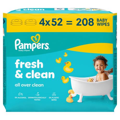 Miniaturka artykułu - Pampers Fresh Clean Chusteczki nawilżane, 4 x 52 szt.