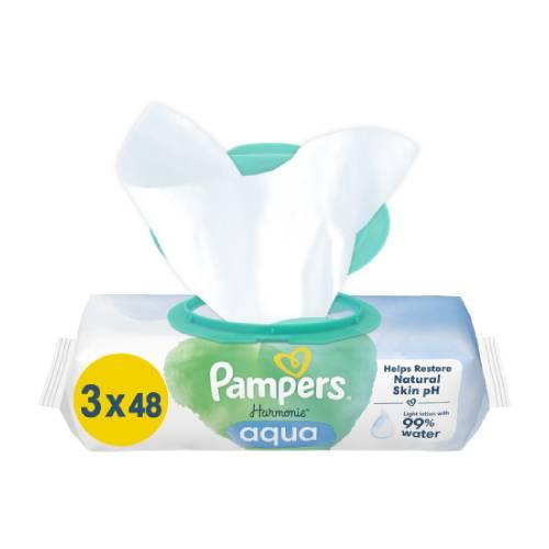 Miniaturka artykułu - PAMPERS Chusteczki nawilżane harmonie aqua, 3x48szt. plastic free	