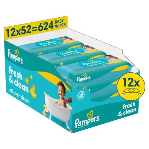 Miniaturka artykułu - Pampers Fresh Clean Chusteczki nawilżane, 12x52szt.