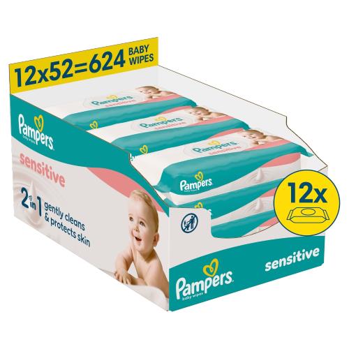 Miniaturka artykułu - Pampers Sensitive Chusteczki nawilżane, 12x52szt. (łącznie 624 szt)