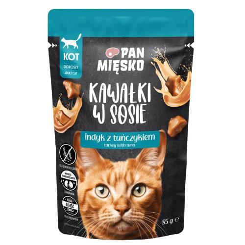 Miniaturka artykułu - Pan Mięsko Karma mokra dla kota Kawałki w sosie Indyk z tuńczykiem (dorosły), 85 g