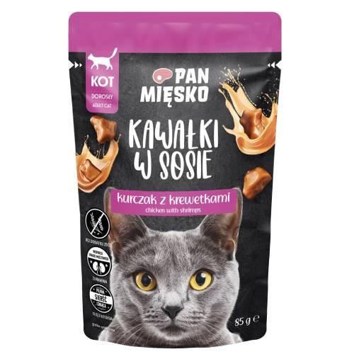 Miniaturka artykułu - Pan Mięsko Karma mokra dla kota Kawałki w sosie Kurczak z krewetkami (dorosły), 85 g