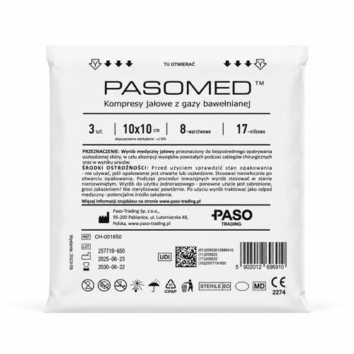 Miniaturka artykułu - Pasomed Kompresy jałowe z gazy bawełnianej 17N 8W, 10x10 cm, 3 szt.
